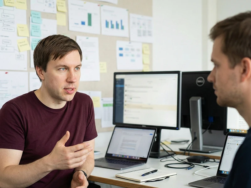 Software engineer discussing project with a client